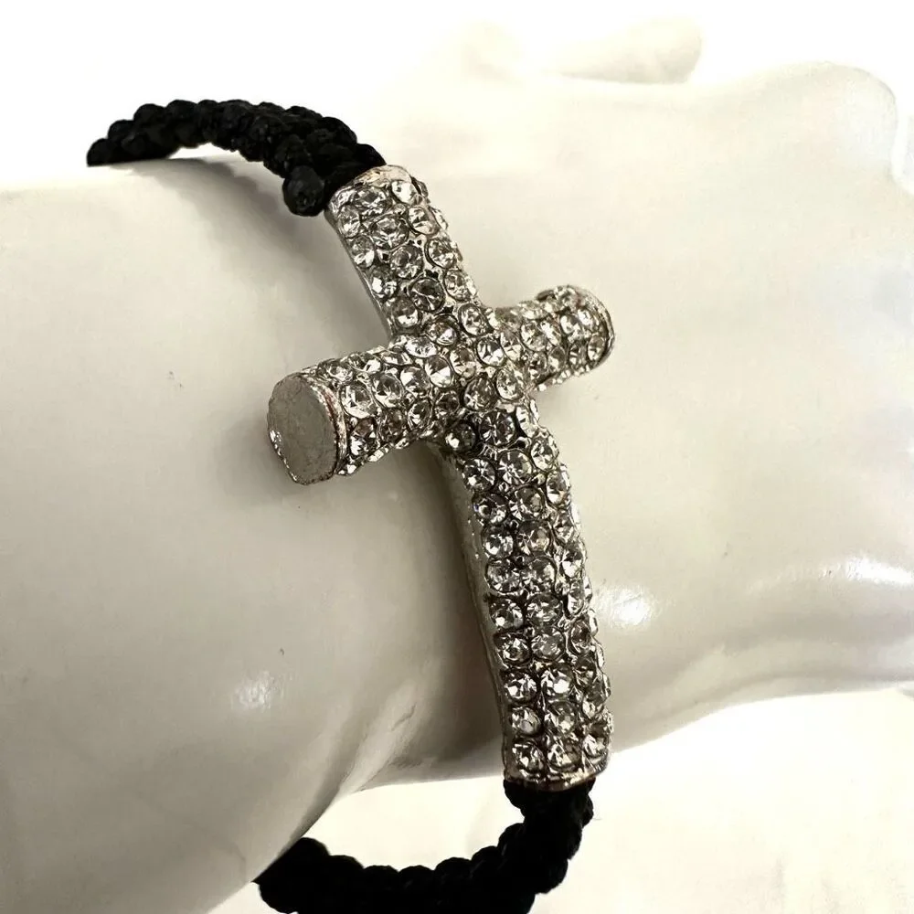 Rhinestone cross black cord adjustable bracelet